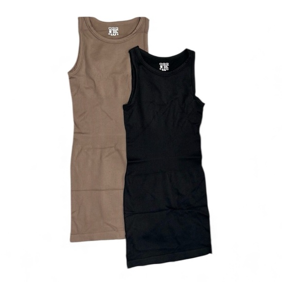 OQQ Other - OQQ Seamless Ribbed Shapewear Tank Dresses, Black & Tan, Sz S - NWOT Bundle of 2